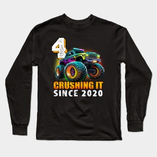 Monster Truck 4 Year Old Boys 4th Birthday Party Born 2020 Long Sleeve T-Shirt